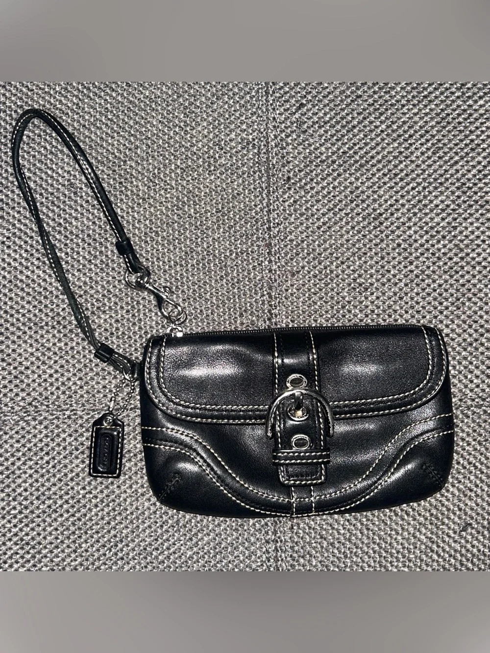 Coach Black Leather Wristlet Strap Bag with Contrast Stitching